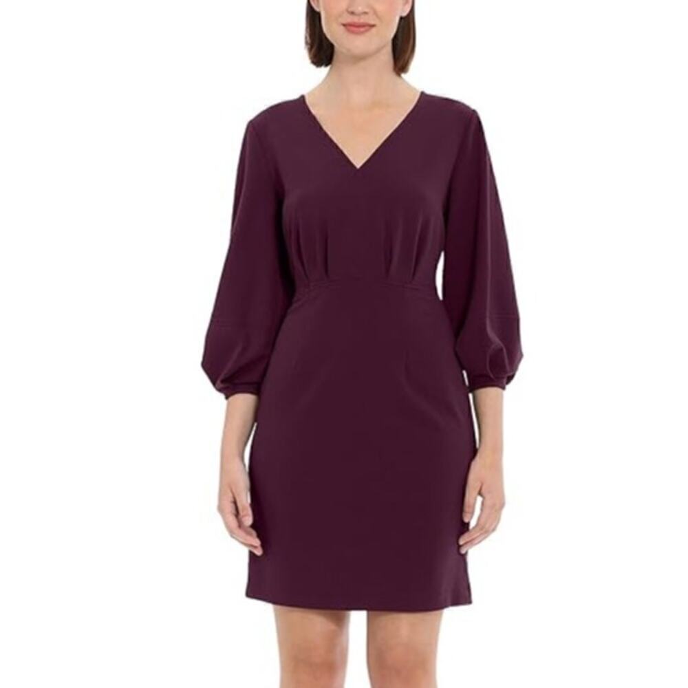 Donna Morgan Dress V-Neck 3/4 Balloon Sleeve Sheath Mini Plum Caspia Purple 4